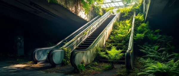 Verlassene Rolltreppe mit Pflanzen