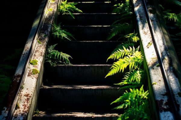 Verlassene Treppe mit Farnen