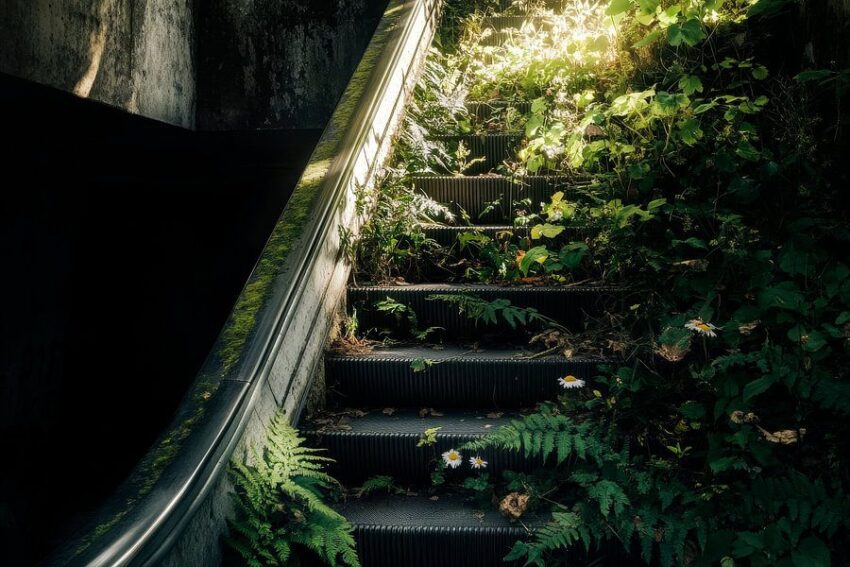 Verlassene Treppe mit Pflanzen