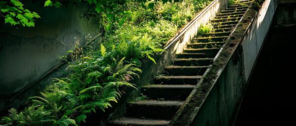 Verlassene Treppe mit Pflanzen