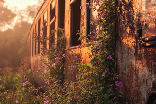 Verlassener Waggon mit Blumen – Nostalgisch