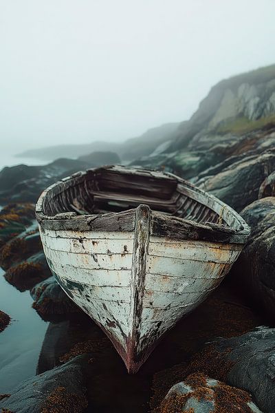 Verlassenes Boot am Strand – Nebelstimmung