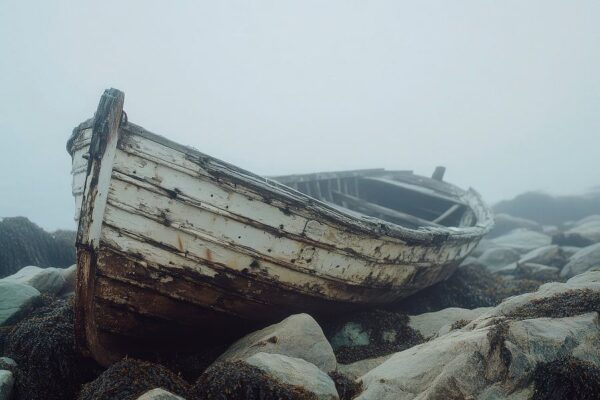 Verlassenes Boot im Nebel