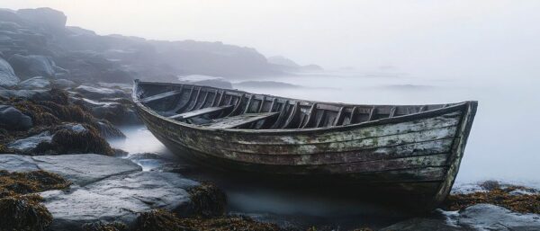 Verlassenes Boot im Nebel