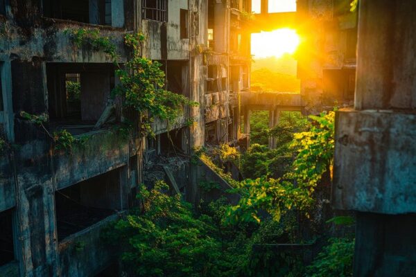 Verlassenes Gebäude mit Sonnenaufgang