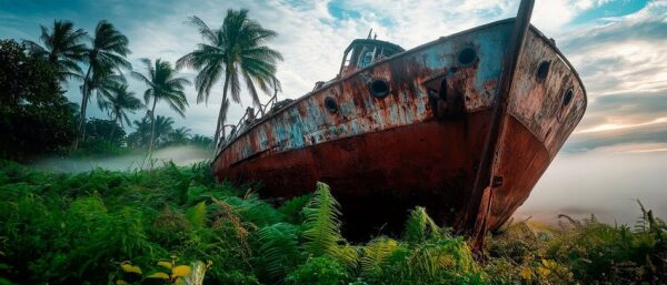 Verrostetes Schiff im Dschungel