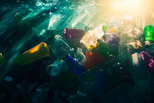 Verschmutztes Wasser mit Plastikmüll – Dystopisch