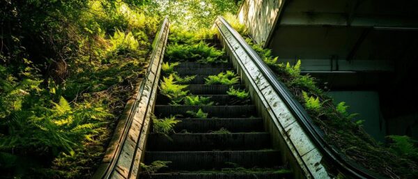 Verstaubte Rolltreppe mit Pflanzen