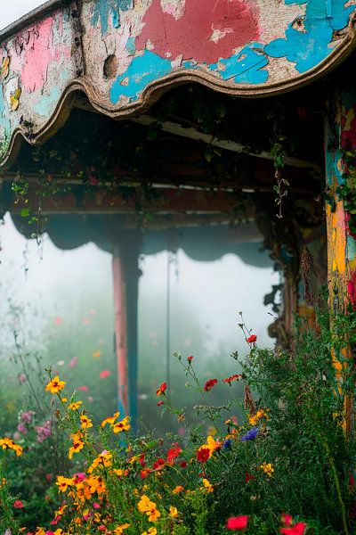 Verwelktes Gartenhaus im Nebel