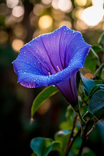 Violette Blüte mit Tauperlen