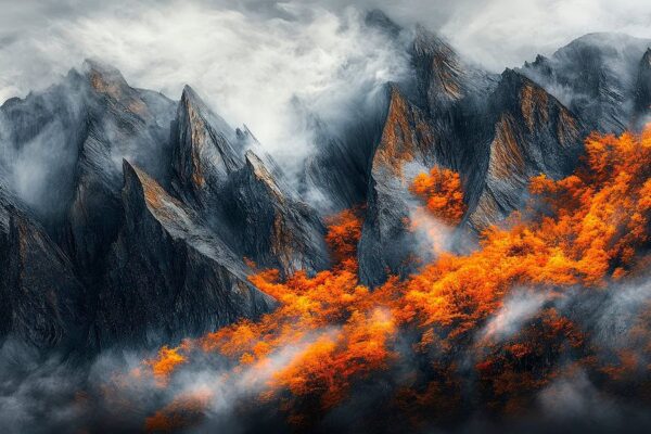 Vulkanische Berge mit Feuer und Nebel