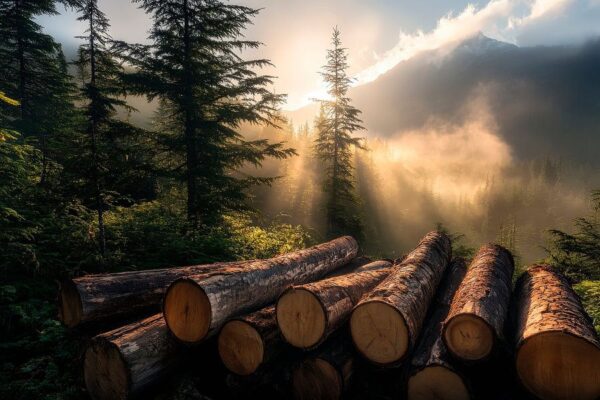 Waldlandschaft mit Holzstapeln