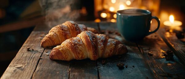 Warmes Croissant und Kaffee am Kamin