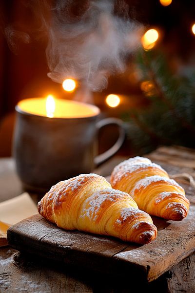 Warmes Frühstück mit Croissants und Kerze