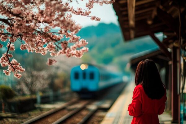 Wartende Frau am Bahnhof mit Kirschblüten