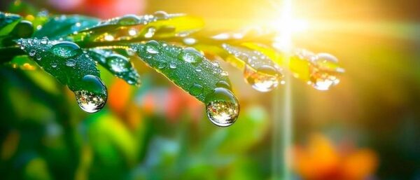 Wassertropfen auf einem Blatt bei Sonnenlicht