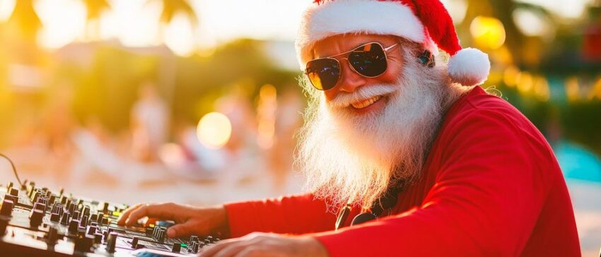 Weihnachts-DJ am Strand fröhlich aktiv