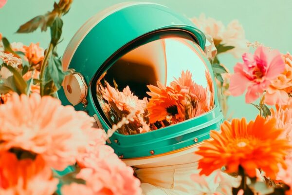 Weltraumhelm zwischen bunten Blumen