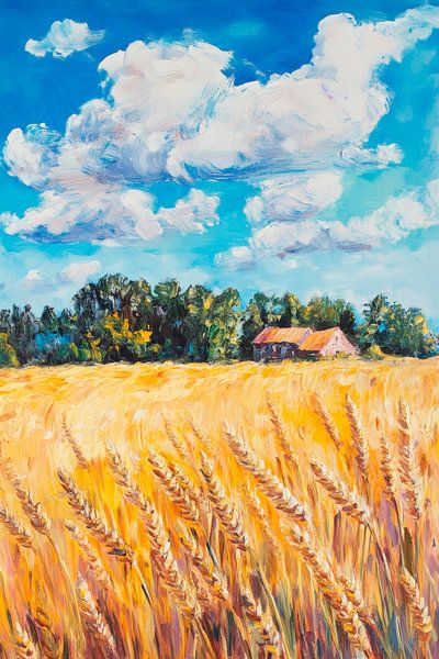 Wheatfeld mit Haus und Wolken – Sommerlich