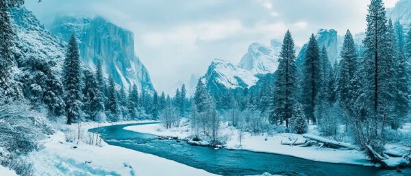 Winterlandschaft mit schneebedecktem Fluss