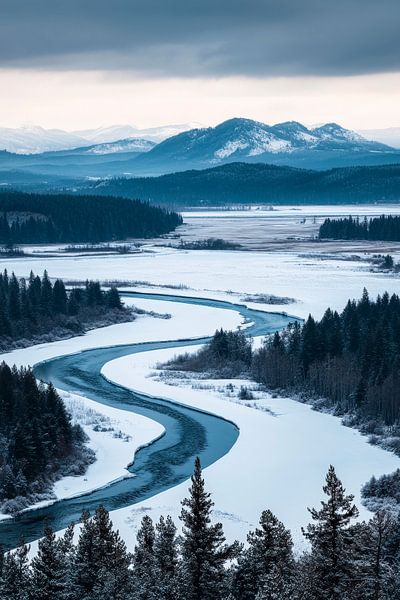 Winterlandschaft mit schneebedecktem Fluss