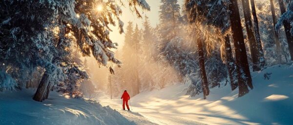 Winterlandschaft mit Skifahrer im Nebel