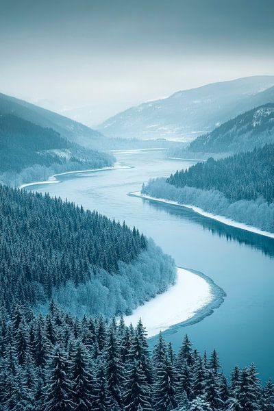 Winterliche Flusslandschaft im Nebel