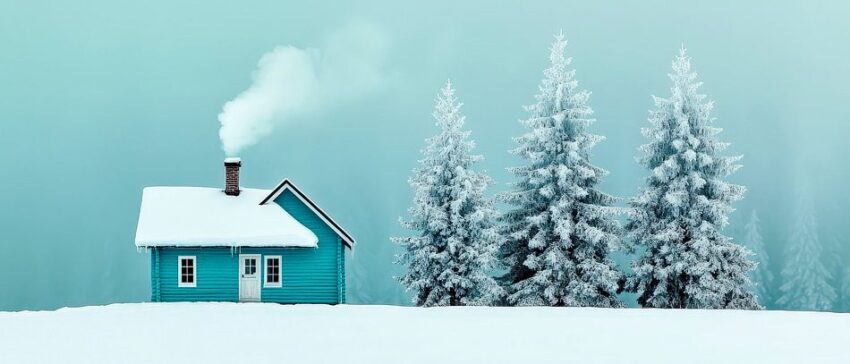 Winterliche Hütte im Schnee mit Rauchzeichen