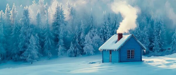 Winterliche Hütte im verschneiten Wald