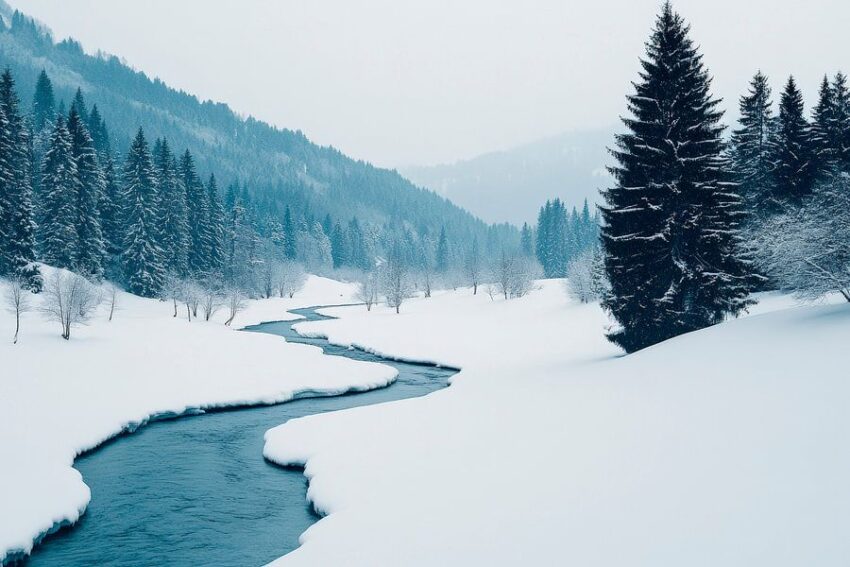 Winterliche Landschaft am Flussufer