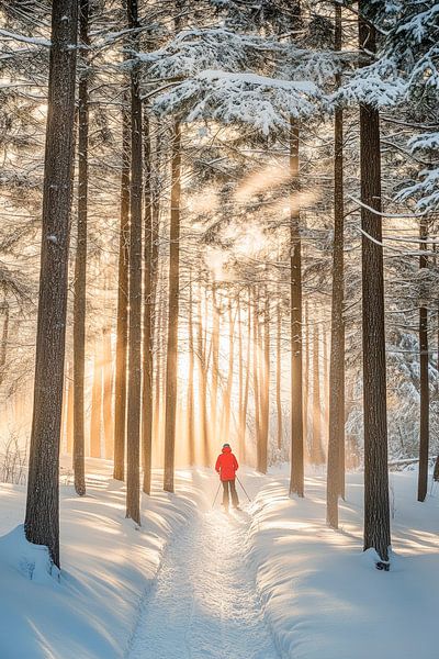 Winterlicher Wald mit Sonnenstrahlen