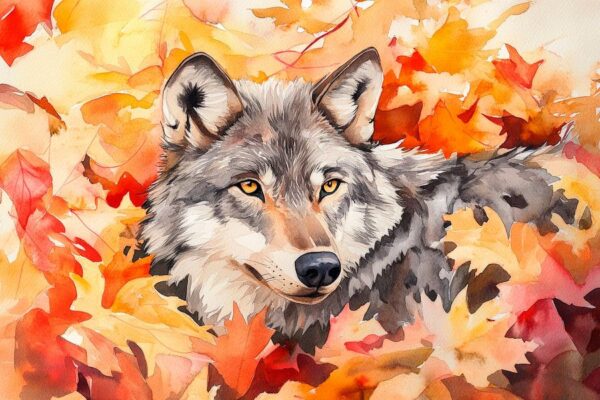 Wolf in buntem Herbstlaub verborgen