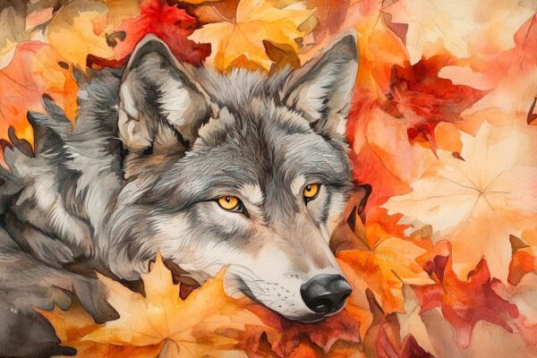 Wolf ruht sanft im Herbstlaub