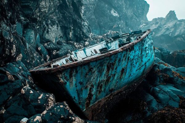 Zerfallenes Fischerboot am Strand