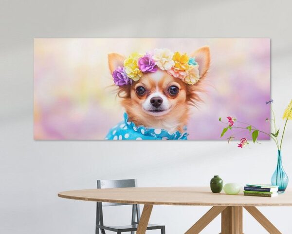 Zierlicher Chihuahua mit Blumenkranz