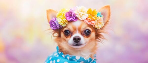 Zierlicher Chihuahua mit Blumenkranz