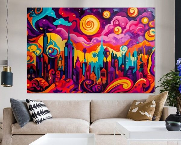 Bunte Skyline mit surrealem Himmel