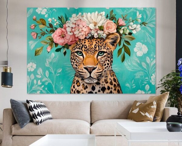 Leopard mit Blumenkopf auf Türkis