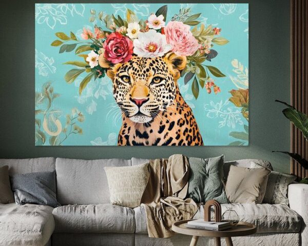 Leopard mit Blumenkranz auf Pastellblau