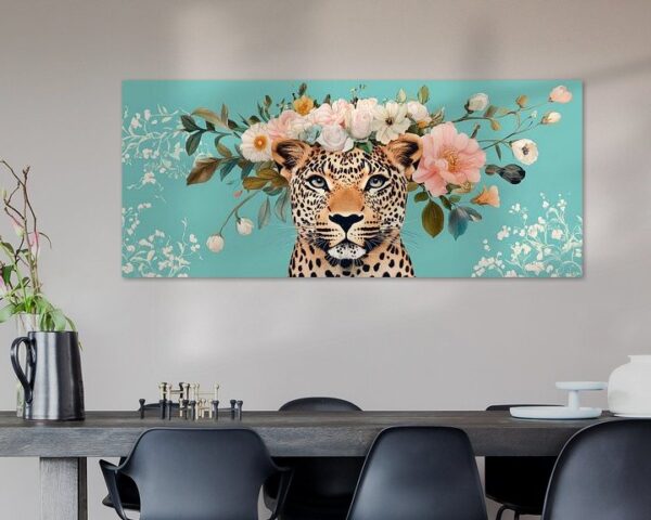 Leopard mit Blumenkranz auf Türkis