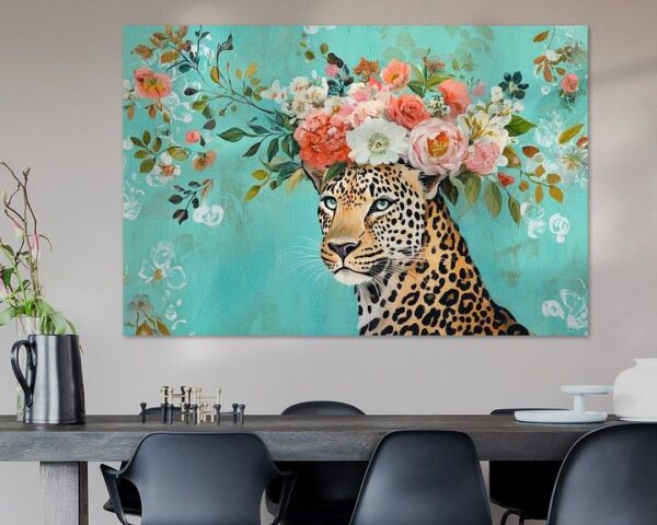 Leopard mit Blumenkranz im Fokus