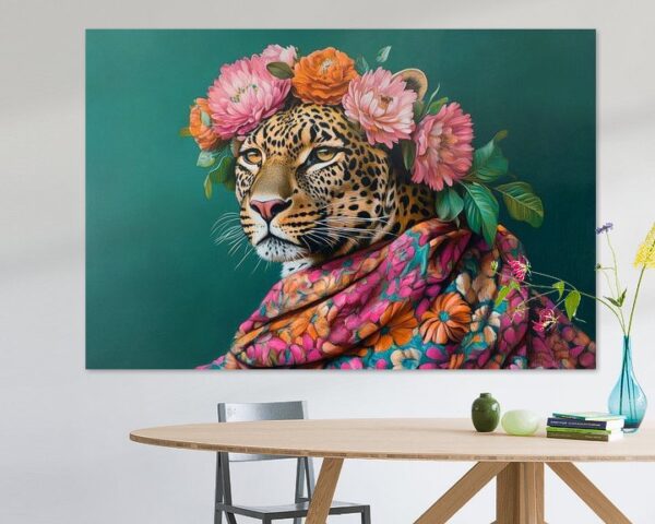 Leopard mit Blumenkranz und Tuch