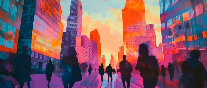 Urbanes Leben bei Sonnenuntergang