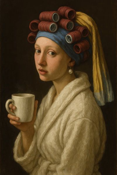 Mädchen mit Perlenohrring und Kaffeetasse