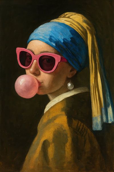 Mädchen mit Perlenohrring und Kaugummi im Retro-Stil