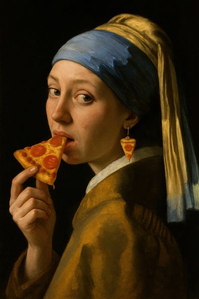 Mädchen mit Pizza und Perlenohrring