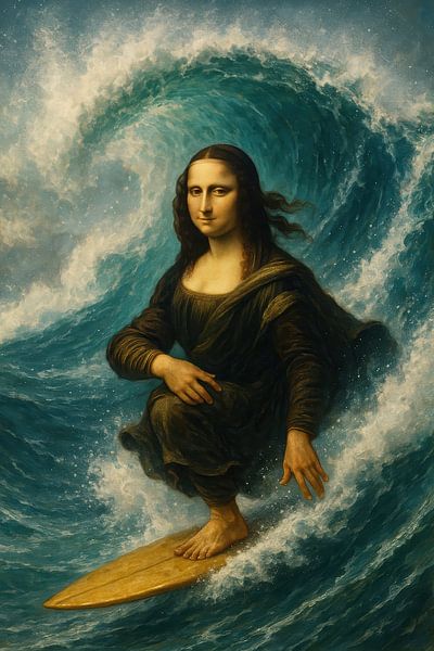 Mona Lisa auf dem Surfbrett in der Welle
